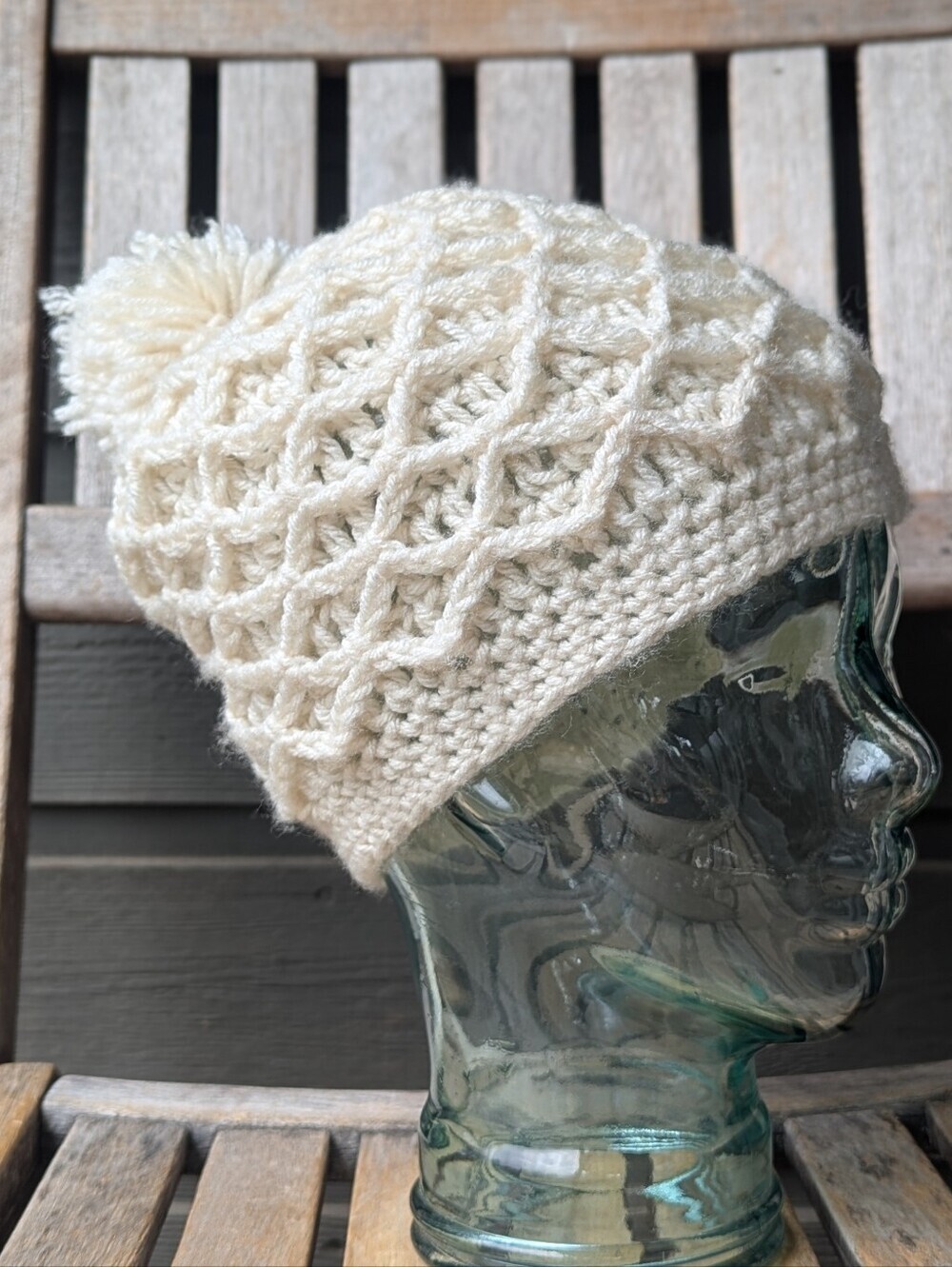 Hand Knit Cream Layered Knit Pom Pom Beanie